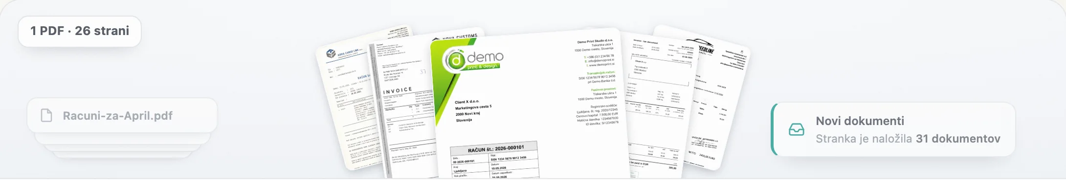 Večstranski PDF s 26 stranmi, ki ga Konta razdeli na ločene račune.